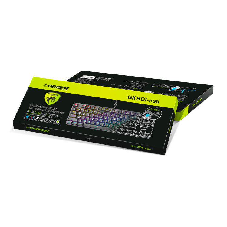 کیبورد گیمینگ مکانیکال گرین مدل GK801-RGB با سوئیچ آبی، فرم Tenkeyless، نورپردازی RGB با 18 جلوه، کابل USB Type-C با روکش بافتهشده، پایههای قابل تنظیم و ضدلغزش، قابلیت Anti-Ghosting و کلیدهای میانبر مالتیمدیا