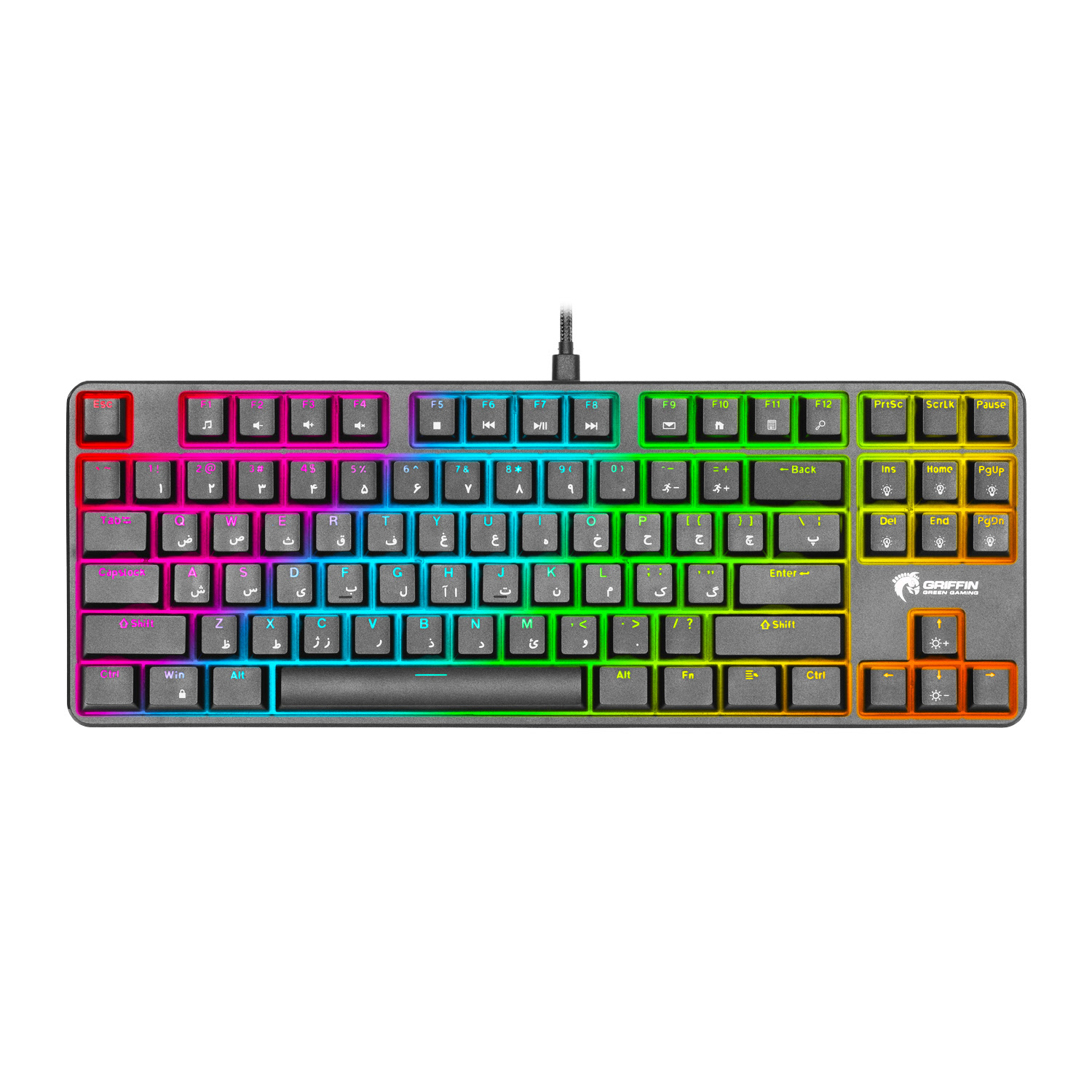 کیبورد گیمینگ مکانیکال گرین مدل GK801-RGB با سوئیچ آبی، فرم Tenkeyless، نورپردازی RGB با 18 جلوه، کابل USB Type-C با روکش بافته‌شده، پایه‌های قابل تنظیم و ضدلغزش، قابلیت Anti-Ghosting و کلیدهای میانبر مالتی‌مدیا