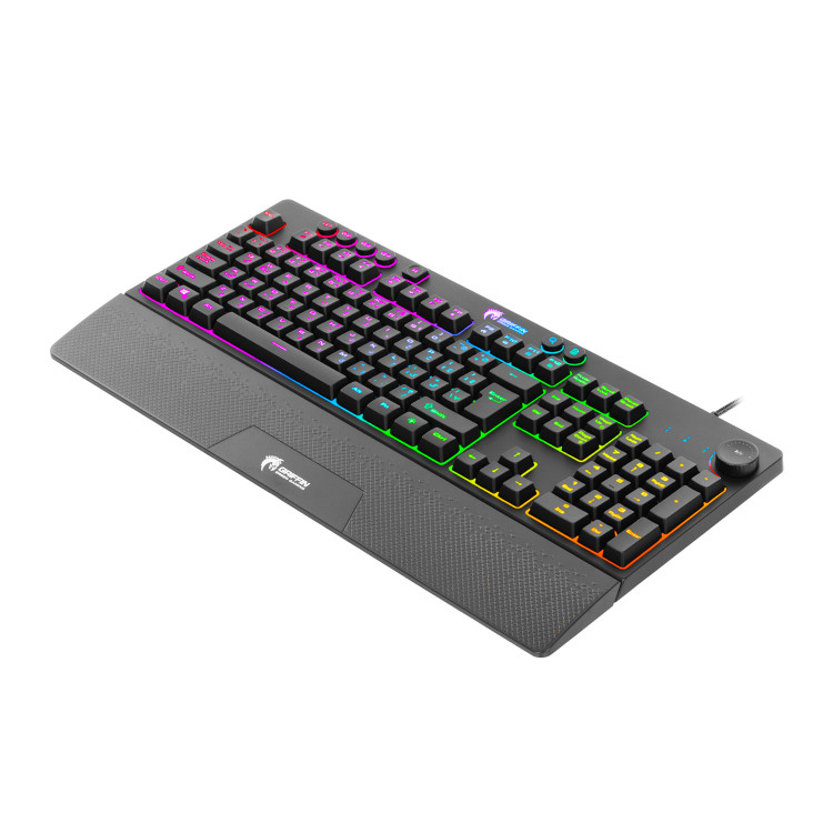 کیبورد مخصوص بازی گرین مدل GK703-RGB با سوئیچ ممبران، نورپردازی RGB قابل تنظیم، 112 کلید شامل 12 کلید مالتیمدیا، استراحتگاه مچ دست، ANTI GHOSTING، قابلیت ماکرو حروف حک شده فارسی، اتصال با سیم USB، فرم فاکتور Full Size