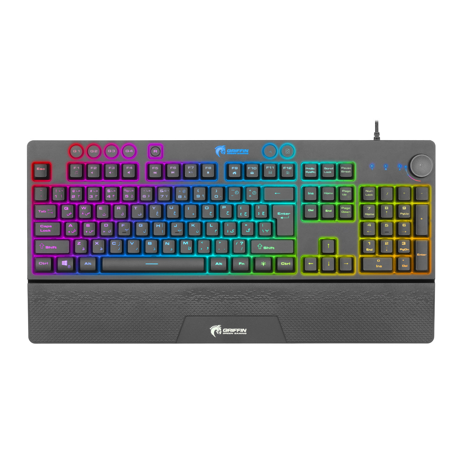 کیبورد مخصوص بازی گرین مدل GK703-RGB با سوئیچ ممبران، نورپردازی RGB قابل تنظیم، 112 کلید شامل 12 کلید مالتی‌مدیا، استراحتگاه مچ دست، ANTI GHOSTING، قابلیت ماکرو حروف حک شده فارسی، اتصال با سیم USB، فرم فاکتور Full Size