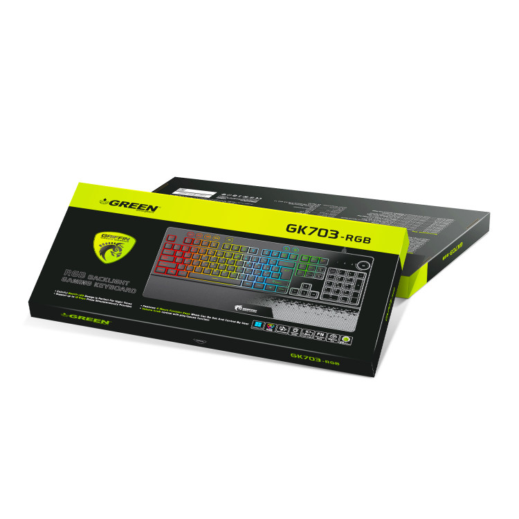 کیبورد مخصوص بازی گرین مدل GK703-RGB با سوئیچ ممبران، نورپردازی RGB قابل تنظیم، 112 کلید شامل 12 کلید مالتیمدیا، استراحتگاه مچ دست، ANTI GHOSTING، قابلیت ماکرو حروف حک شده فارسی، اتصال با سیم USB، فرم فاکتور Full Size