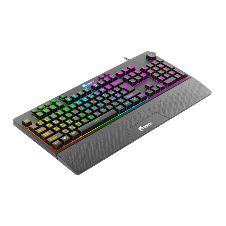کیبورد مخصوص بازی گرین مدل GK703-RGB با سوئیچ ممبران، نورپردازی RGB قابل تنظیم، 112 کلید شامل 12 کلید مالتیمدیا، استراحتگاه مچ دست، ANTI GHOSTING، قابلیت ماکرو حروف حک شده فارسی، اتصال با سیم USB، فرم فاکتور Full Size