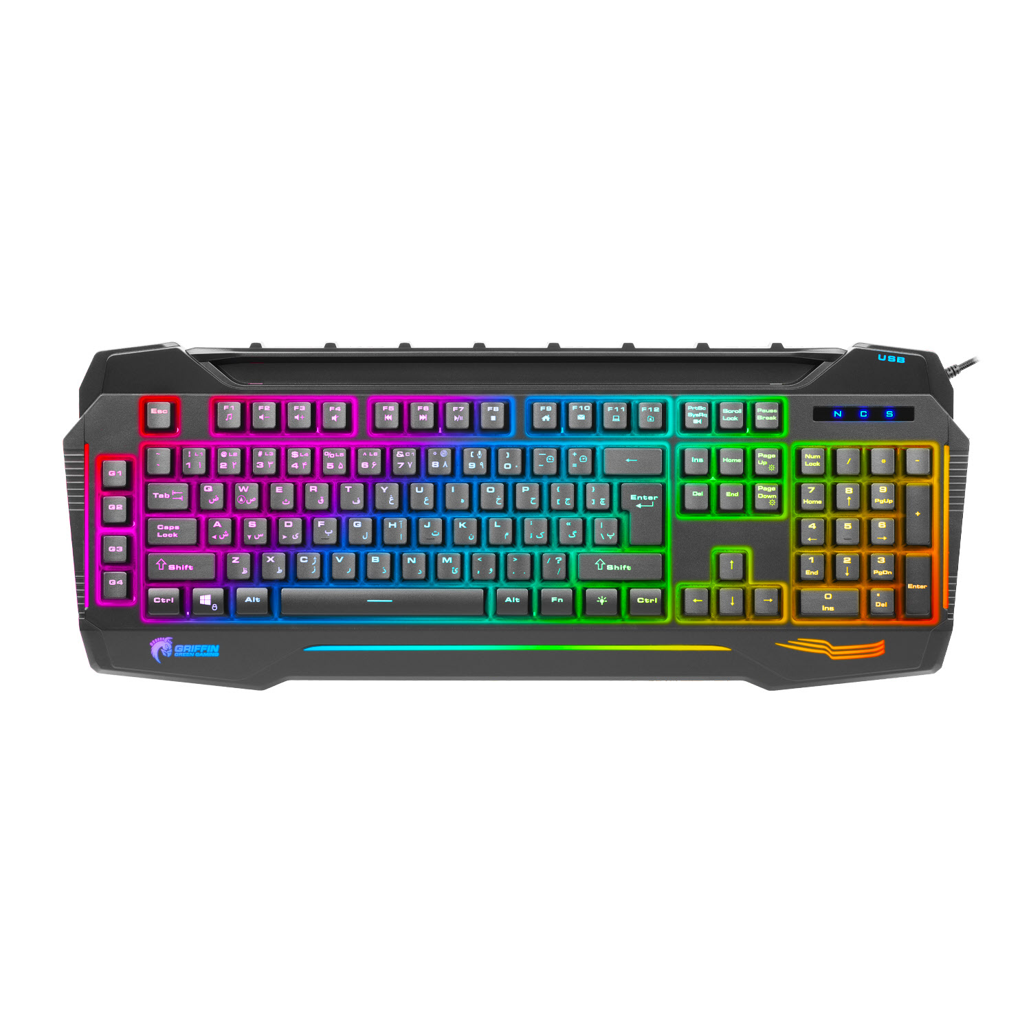 کیبورد مخصوص بازی گرین مدل GK702-RGB با سوئیچ غشایی(ممبران)، نورپردازی RGB قابل تنظیم 9 جلوه نوری، 108 کلید شامل 12 کلید مالتی‌مدیا، ANTI GHOSTING 19 Key، قابلیت ماکرو حروف حک شده فارسی، اتصال با سیم USB، فرم فاکتور Full Size