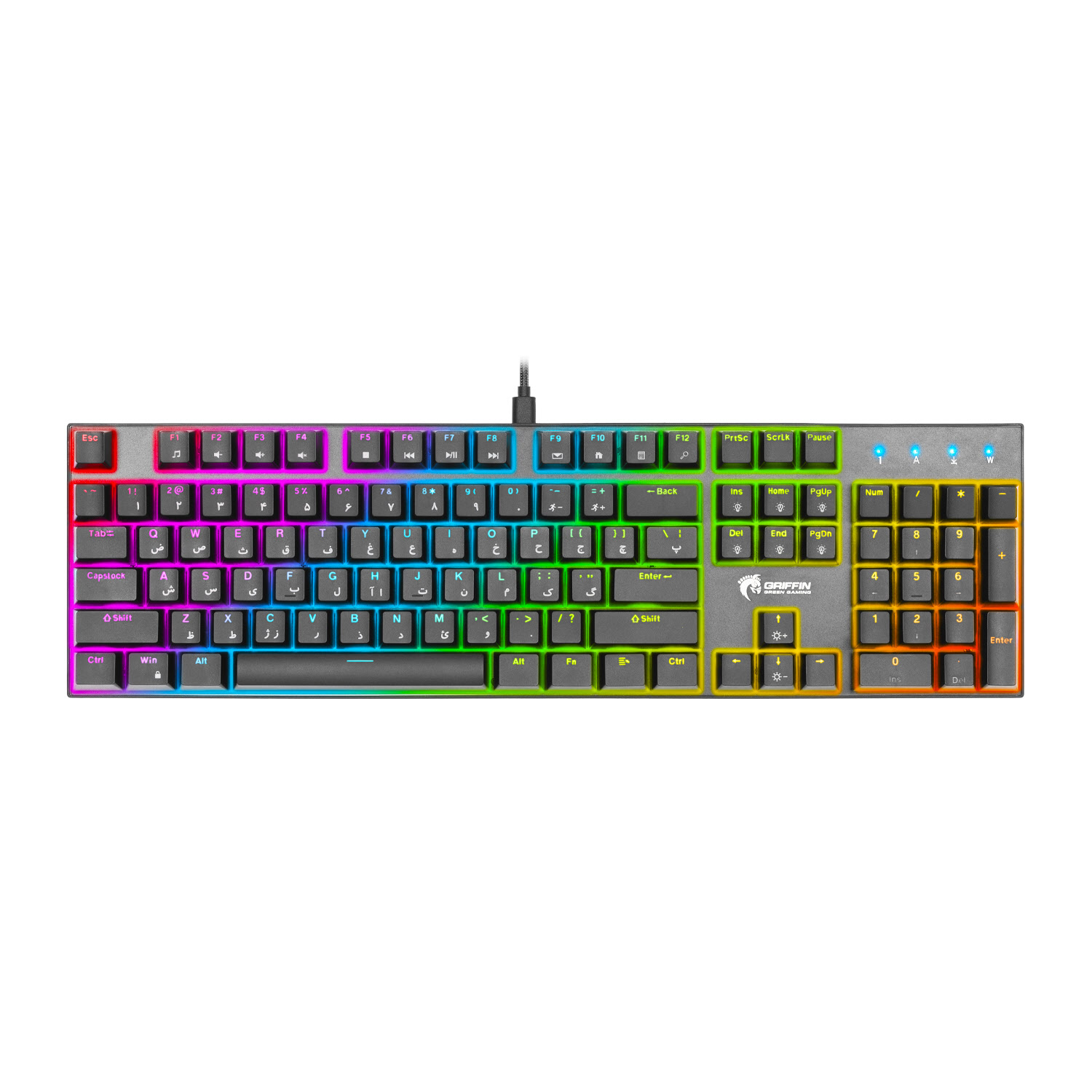 کیبورد گیمینگ مکانیکال گرین مدل GK802-RGB فول‌سایز با سوئیچ آبی، نورپردازی RGB با 18 جلوه، کابل USB Type-C جداشونده، Anti-Ghosting،