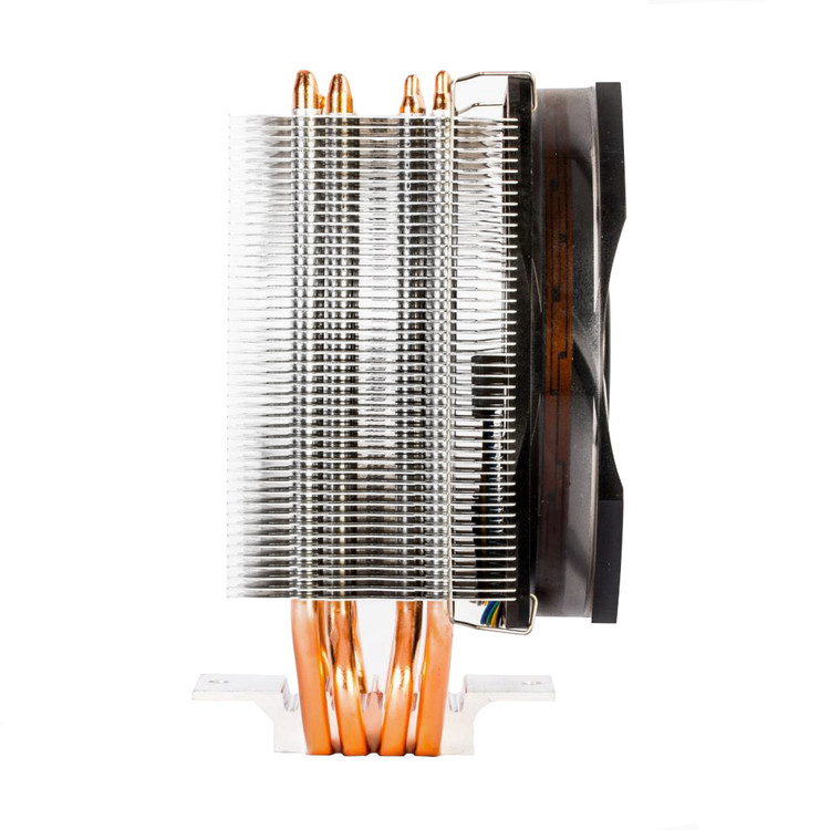 نمای جانبی خنککننده بادی گرین NOTUS 400-PWM؛ نمایش ضخامت هیتسینک و نحوه نصب فن با گیره فلزی