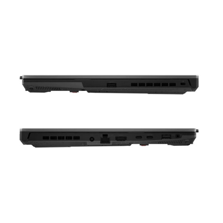 نمای کناری لپتاپ گیمینگ ایسوس ROG Strix با پورتهای HDMI، USB-C، LAN، USB-A و دریچههای خنککننده