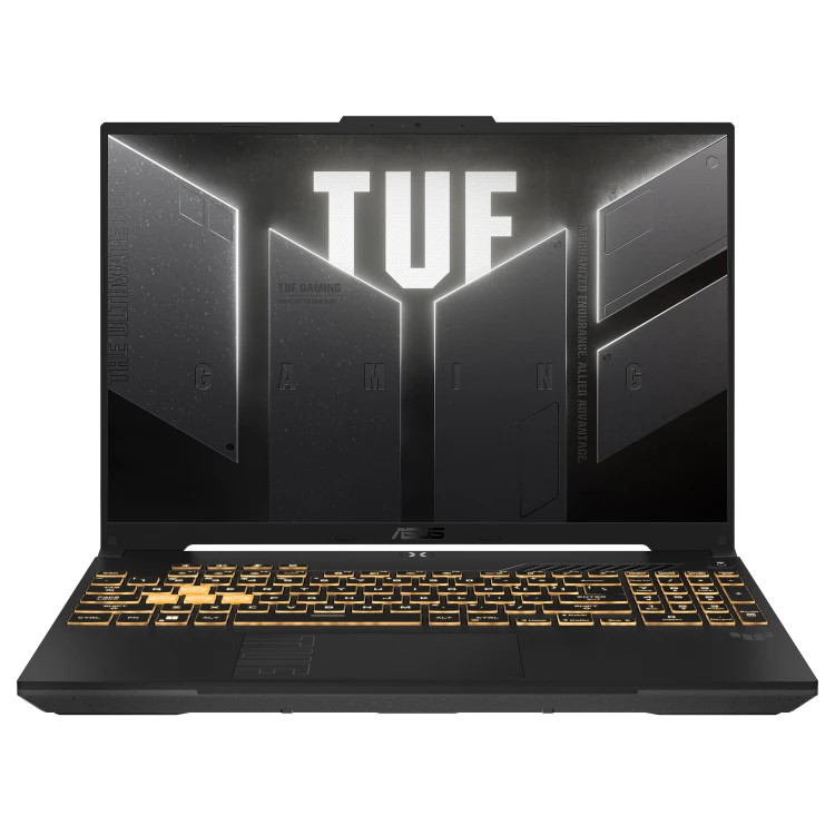 لپتاپ گیمینگ ASUS TUF Gaming با بدنه مشکی، کیبورد نورانی طلایی و کلیدهای WASD برجسته