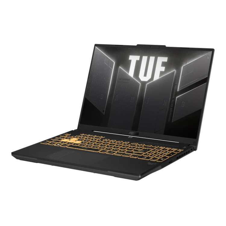 نمای سه رخ لپتاپ گیمینگ ASUS TUF Gaming با بدنه خاکستری تیره، کیبورد با نور پسزمینه نارنجی و کلیدهای WASD برجسته