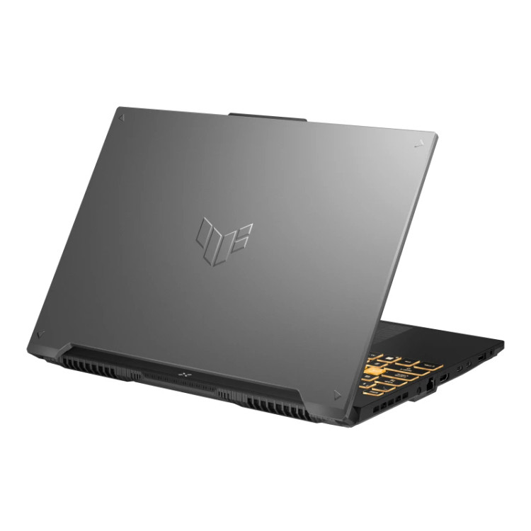 لپتاپ ایسوس TUF Gaming رنگ خاکستری (Mecha Gray) با لوگوی برجسته TUF در پشت بدنه و نمای پورتهای کناری