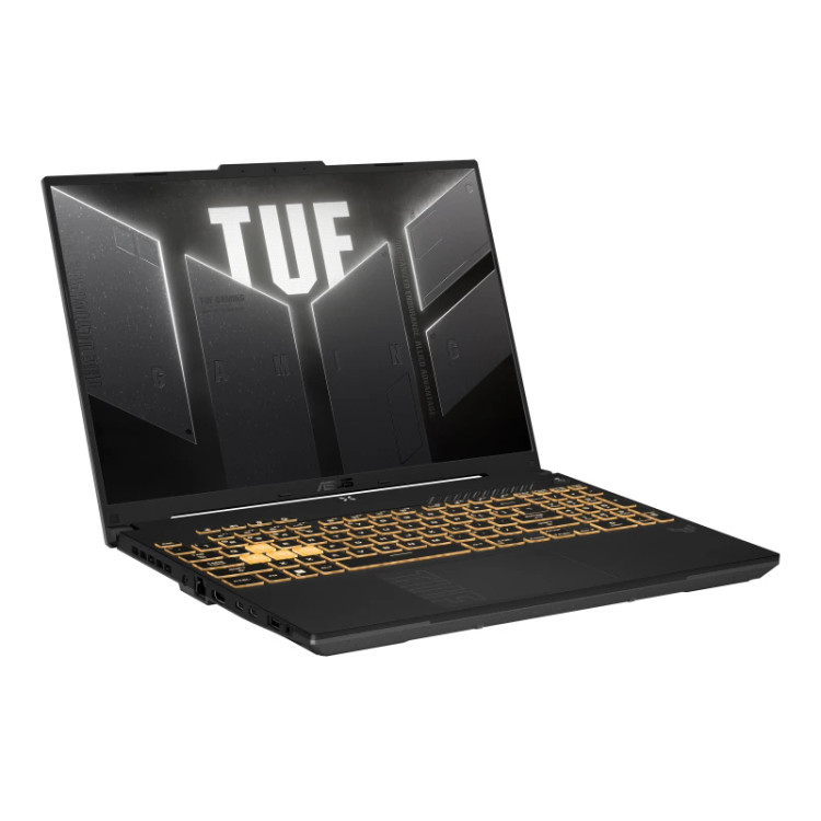 نمای سه رخ لپتاپ گیمینگ ASUS TUF Gaming با بدنه خاکستری تیره، کیبورد با نور پسزمینه نارنجی و کلیدهای WASD برجسته