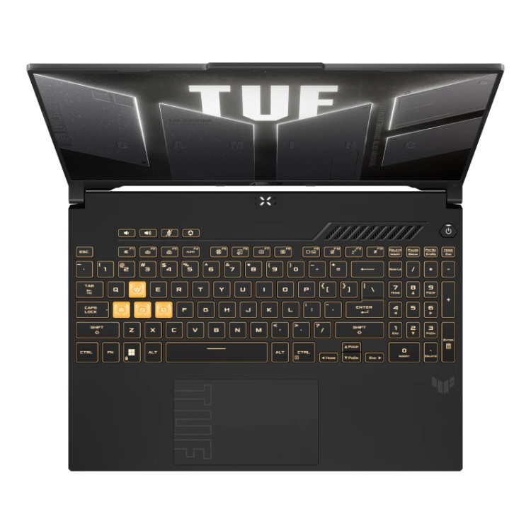 نمای از بالا لپتاپ گیمینگ ASUS TUF Gaming با کیبورد نورانی نارنجی، کلیدهای WASD برجسته و نمایشگر روشن