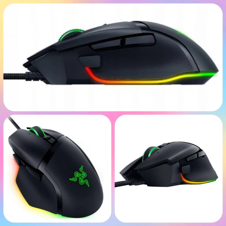 کلاژ سهنمایی از ماوس گیمینگ ارگونومیک مشکی Razer با دکمههای جانبی، لوگوی سبز درخشان، کابل بافتهشده و نوار نورپردازی RGB چندرنگ در لبه پایینی