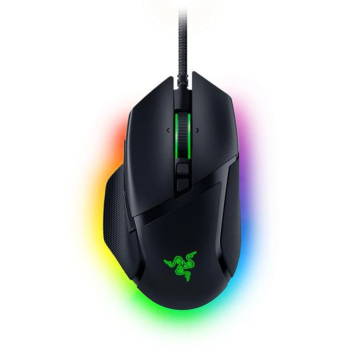 ماوس گیمینگ سیمدار مشکی Razer با طراحی ارگونومیک، استراحتگاه شست، لوگوی سبز درخشان و نورپردازی RGB پیرامون بدنه