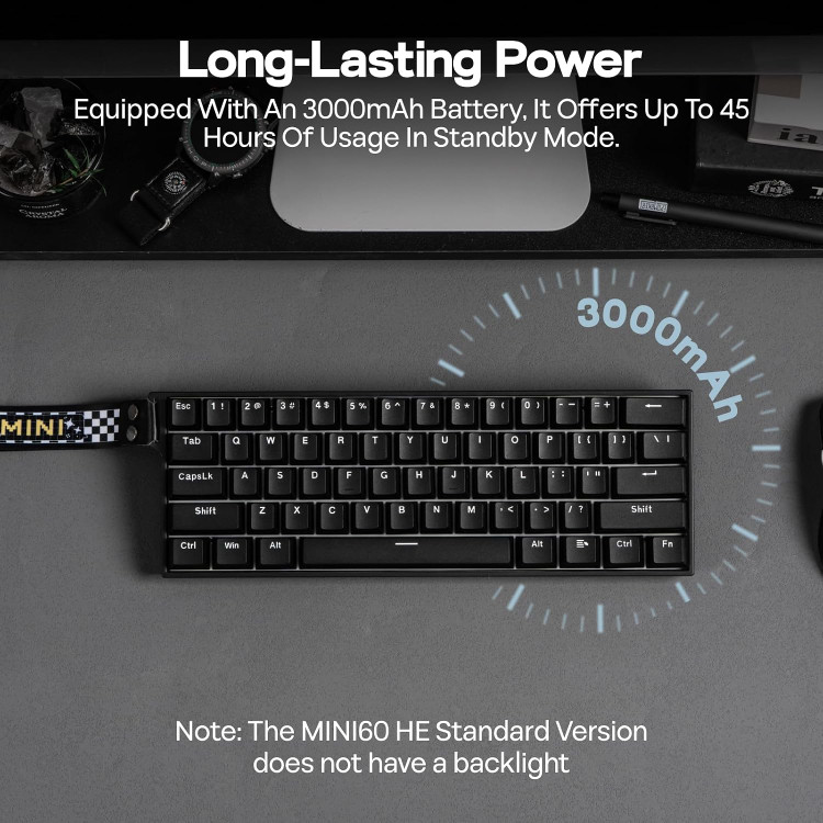 کیبورد گیمینگ MINI 60HE، کیبورد با سوییچهای مغناطیسی، RT (Rapid Trigger)، پاسخدهی فوقسریع، اتصال سهگانه بیسیم (بلوتوث/2.4 گیگاهرتز/سیمی)، درایور تحت وب، نرخ گزارشدهی (Polling Rate) 8000 هرتز