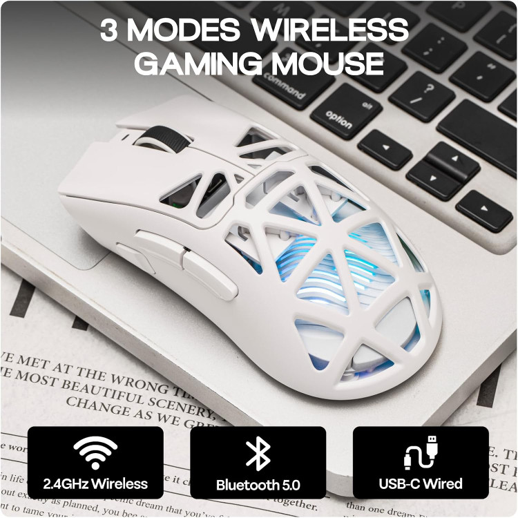 ماوس گیمینگ MechLands Aula SC620؛ ماوس بیسیم با اتصال سهگانه (2.4G / Type-C / بلوتوث)، باتری ۴۰۰ میلیآمپرساعت، دقت قابل تنظیم تا ۱۲,۰۰۰ DPI، نرخ پاسخدهی ۱۰۰۰ هرتز، سنسور PAW3311، نورپردازی RGB و کلیدهای قابل برنامهریزی برای ویندوز و مک