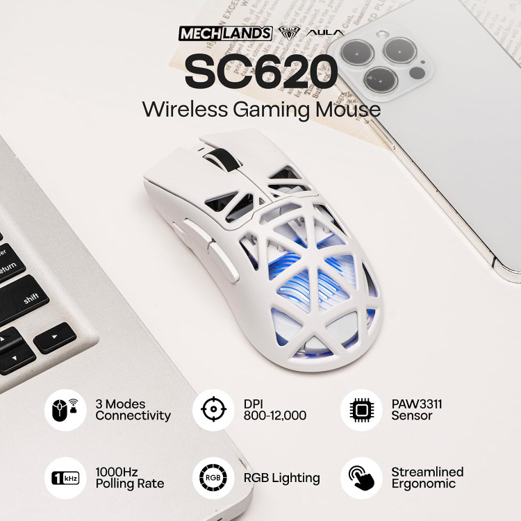 ماوس گیمینگ MechLands Aula SC620؛ ماوس بیسیم با اتصال سهگانه (2.4G / Type-C / بلوتوث)، باتری ۴۰۰ میلیآمپرساعت، دقت قابل تنظیم تا ۱۲,۰۰۰ DPI، نرخ پاسخدهی ۱۰۰۰ هرتز، سنسور PAW3311، نورپردازی RGB و کلیدهای قابل برنامهریزی برای ویندوز و مک