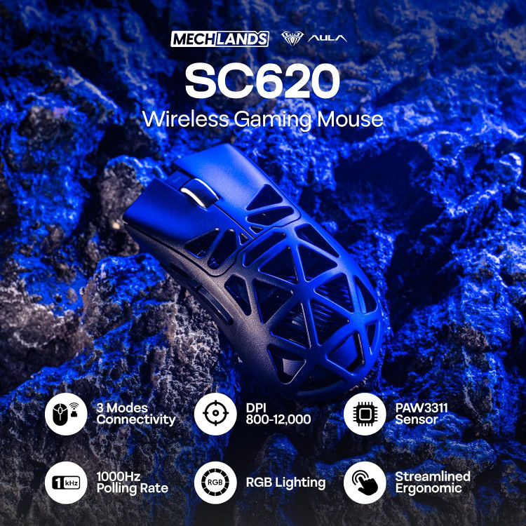 ماوس گیمینگ MechLands Aula SC620؛ ماوس بیسیم با اتصال سهگانه (2.4G / Type-C / بلوتوث)، باتری ۴۰۰ میلیآمپرساعت، دقت قابل تنظیم تا ۱۲,۰۰۰ DPI، نرخ پاسخدهی ۱۰۰۰ هرتز، سنسور PAW3311، نورپردازی RGB و کلیدهای قابل برنامهریزی برای ویندوز و مک