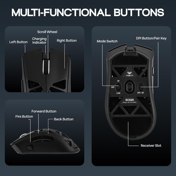 ماوس گیمینگ MechLands Aula SC620؛ ماوس بیسیم با اتصال سهگانه (2.4G / Type-C / بلوتوث)، باتری ۴۰۰ میلیآمپرساعت، دقت قابل تنظیم تا ۱۲,۰۰۰ DPI، نرخ پاسخدهی ۱۰۰۰ هرتز، سنسور PAW3311، نورپردازی RGB و کلیدهای قابل برنامهریزی برای ویندوز و مک
