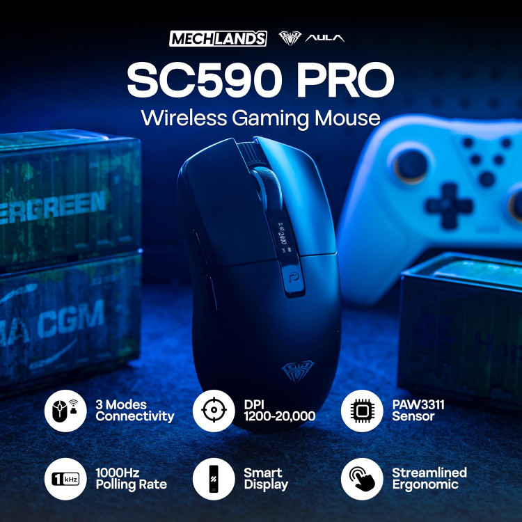 ماوس گیمینگ MechLands Aula SC590 PRO مجهز به نمایشگر، با اتصال 2.4G / USB-C / بلوتوث