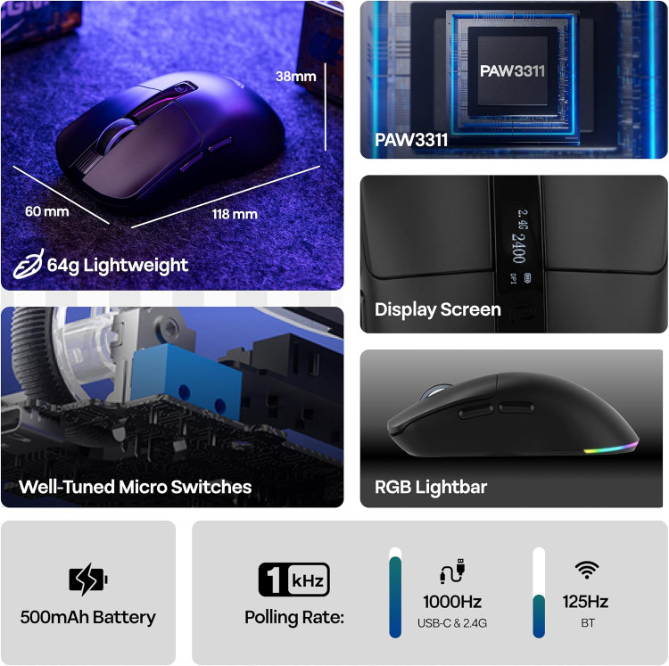 ماوس گیمینگ MechLands Aula SC590 PRO مجهز به نمایشگر، با اتصال 2.4G / USB-C / بلوتوث
