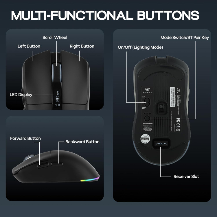 ماوس گیمینگ MechLands Aula SC590 PRO مجهز به نمایشگر، با اتصال 2.4G / USB-C / بلوتوث