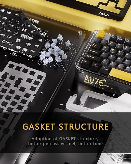 کیبورد مکانیکال بیسیم Aula AU75، کیبورد گیمینگ با ساختار Gasket و قابلیت Hot-Swap (تعویض آسان سوییچ)، مجهز به ولوم کنترل (Knob)، کیبورد شخصیسازیشده با سه حالت اتصال (بلوتوث/دانگل ۲.۴ گیگاهرتز/سیمی)، کیبورد ۷۵ درصد با لایهگذاری پنجلایه، کلیدهای PBT، و نوار نورپردازی RGB جانبی؛ سازگار با اندروید، ویندوز، مک و کامپیوترهای شخصی.